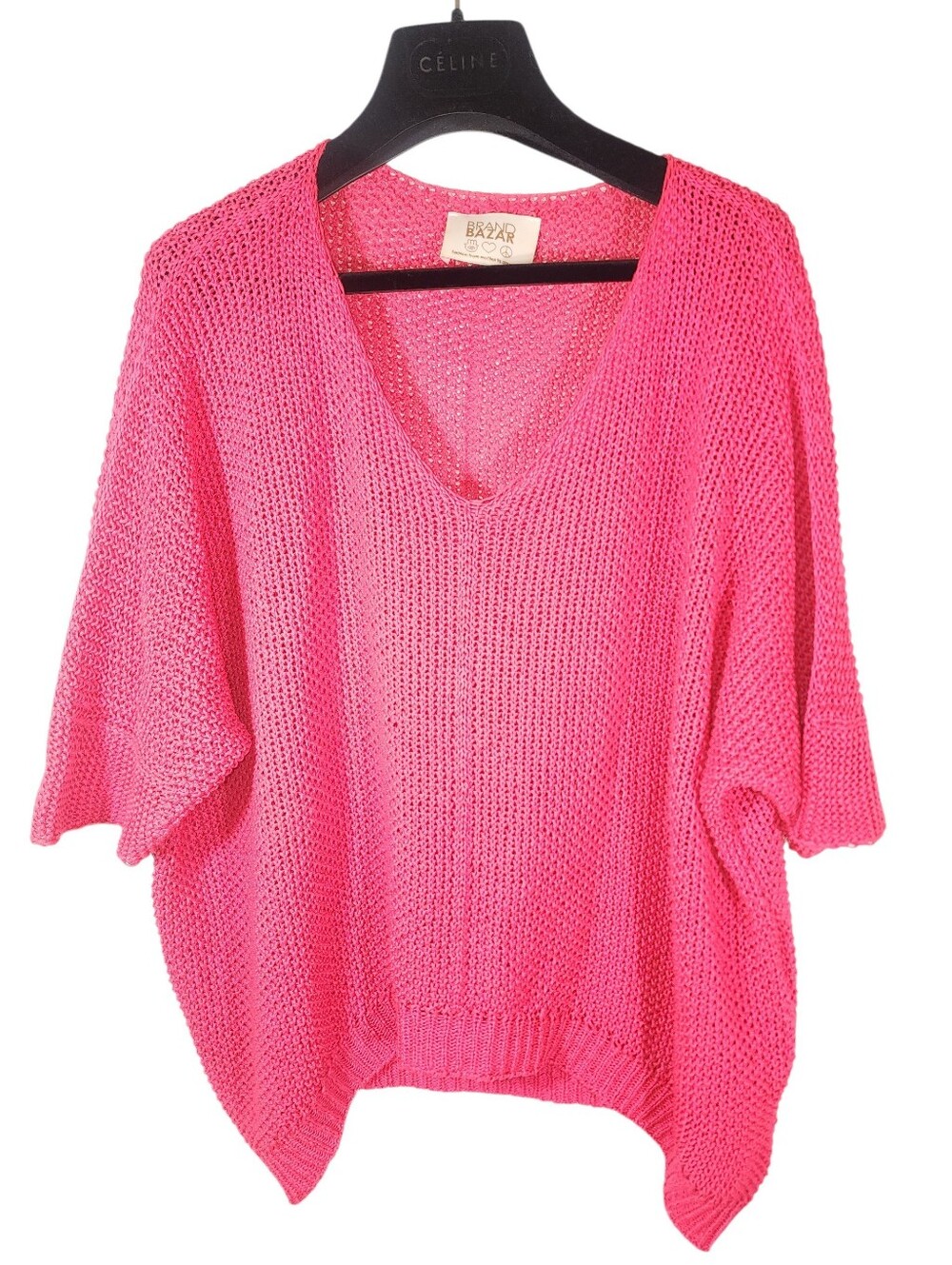 BRAND BAZAR Neon Hot Pink Open Knit V-Neck Dolman Oversized Sweater OS